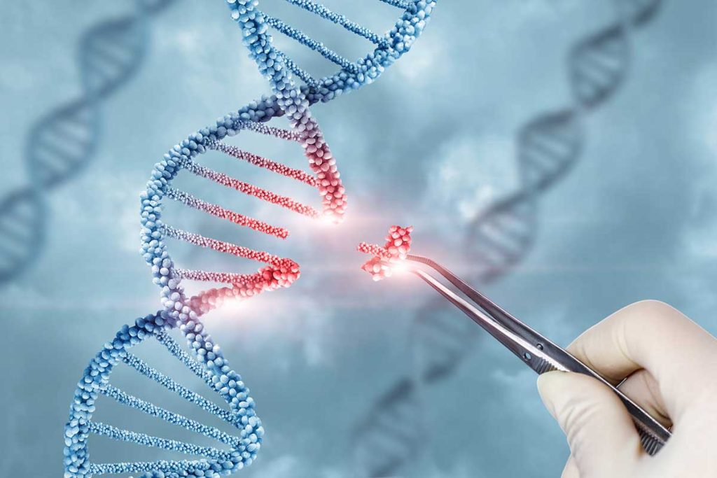 Illustration - concept of treatment and adjustment of DNA molecule, with tweezers removing a section of a double helix